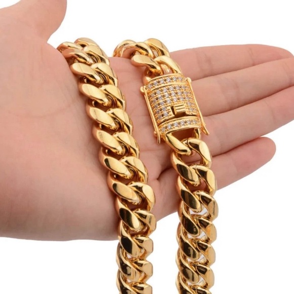 🔥Cz Diamond Miami Cubian Chain Stamp 14k Gold Plated 5X Layered steel 10mm 18” - Picture 10 of 10